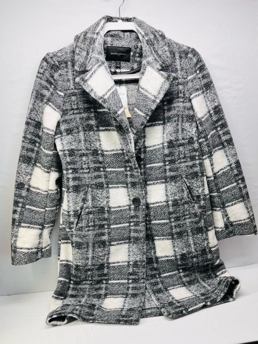 Banana Republic Black & White Plaid Wool-Blend Pea Coat